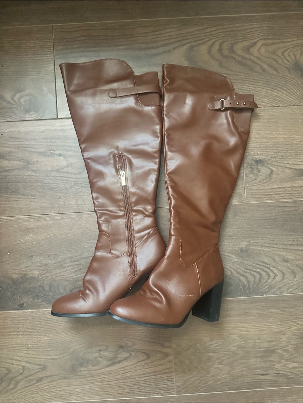 Women's Tall Brown Leather-Look Heeled Riding Boots